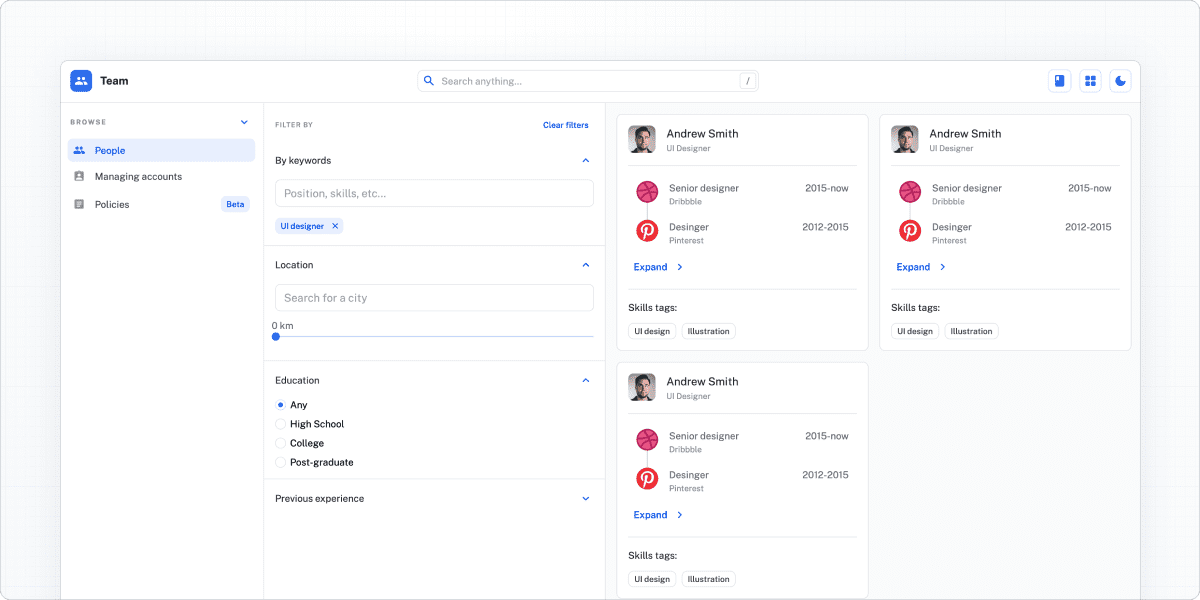 Screenshot of a team management application mockup built with Joy UI